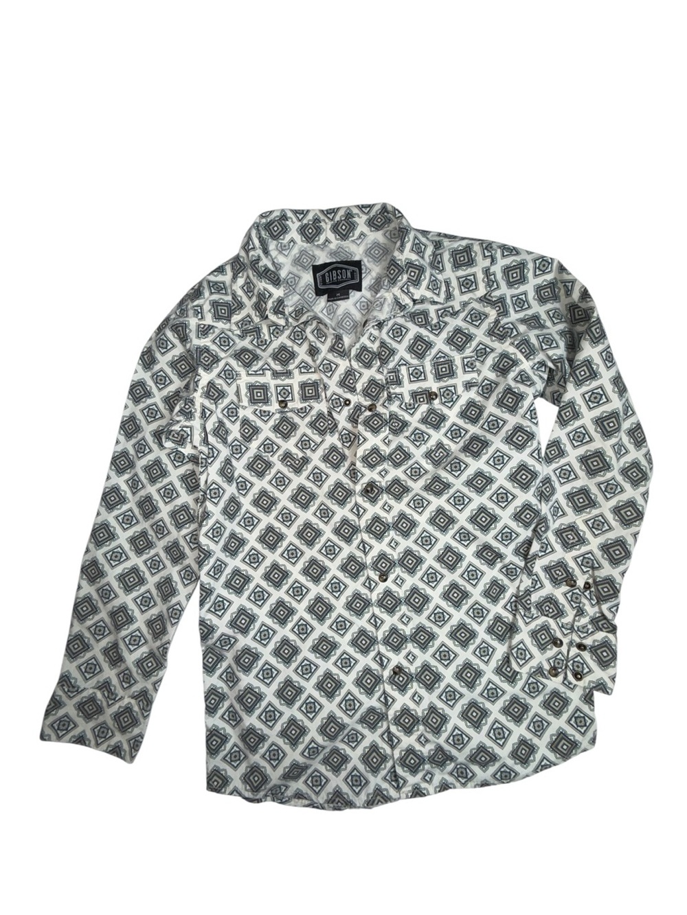Gibson White Button-Down Shirt with Black Geometric Print